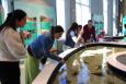 a lady stands over a touch tank and points into the water