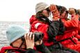 Scientists on a boat observe the ocean with binoculars.