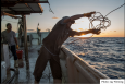 a man on a fishing boat throws a line off the side 