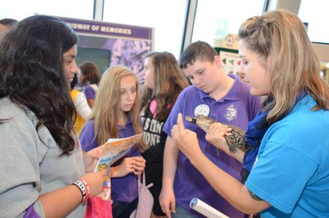 Children learn about wetlands while a science educator holds a juvenile alligator. Photo: Louisiana Sea Grant