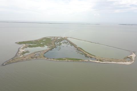 An aerial photo of Queen Bess Island in Louisiana.